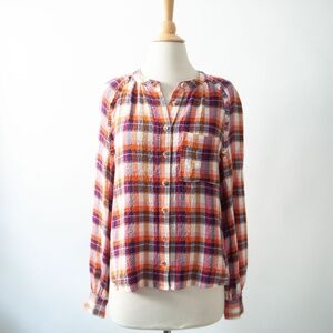 Anthro | Pilcro Breezy Long Sleeve Button Down Blouse in Raspberry Plaid. Medium